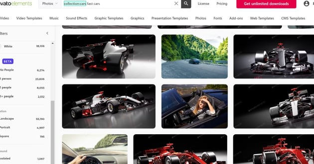 images after searching for Fast Cars in the search bar at Envato