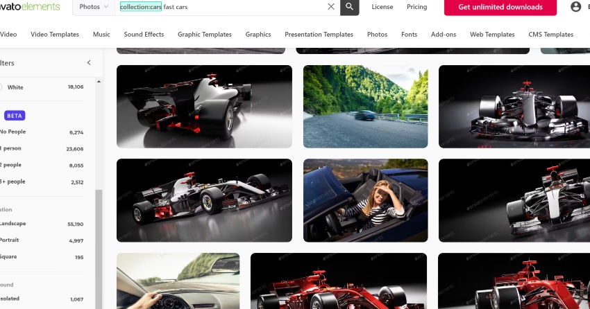 images after searching for Fast Cars in the search bar at Envato