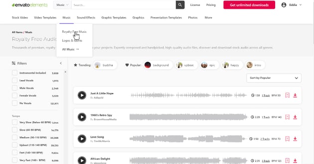 Image of Envato Elements Music Section. User Clicking on Royalty Free Music.