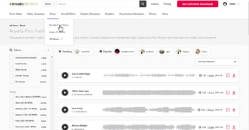 Image of Envato Elements Music Section. User Clicking on Royalty Free Music.