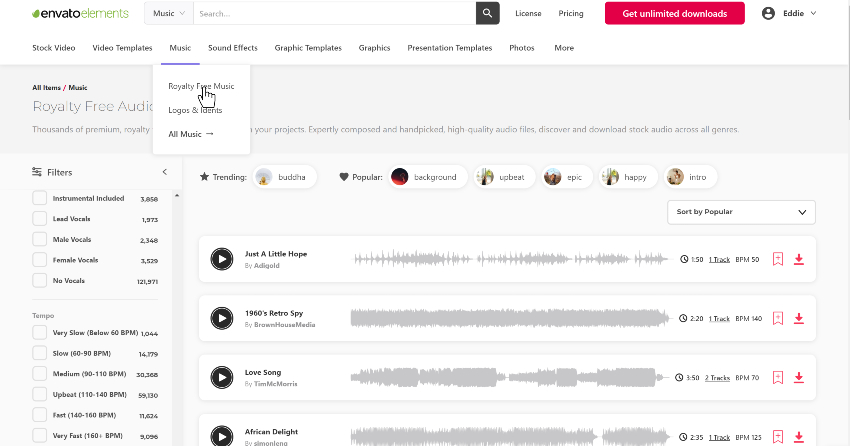 Image of Envato Elements Music Section. User Clicking on Royalty Free Music.