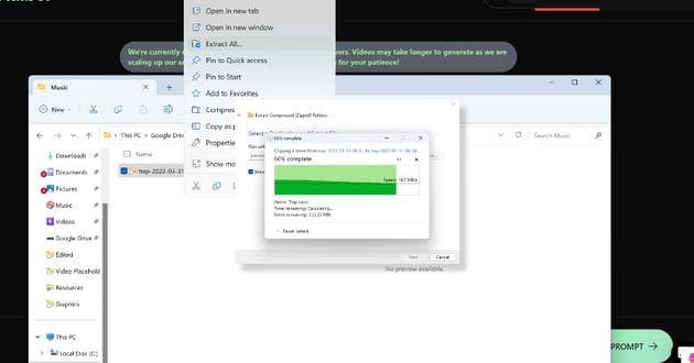 Image showing the unzipping process for the newly downloaded music.