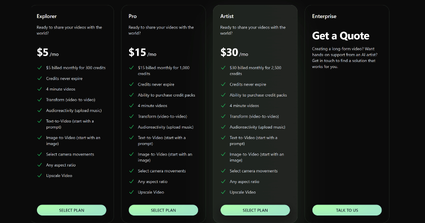 Pricing Table for Kaiber acount