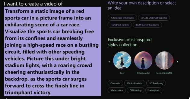 Image of prompt being added: "a sports car coming out of a picture frame into a live race environment, ultimately winning a race in front a cheering crowd."