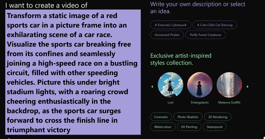 Image of prompt being added: "a sports car coming out of a picture frame into a live race environment, ultimately winning a race in front a cheering crowd."