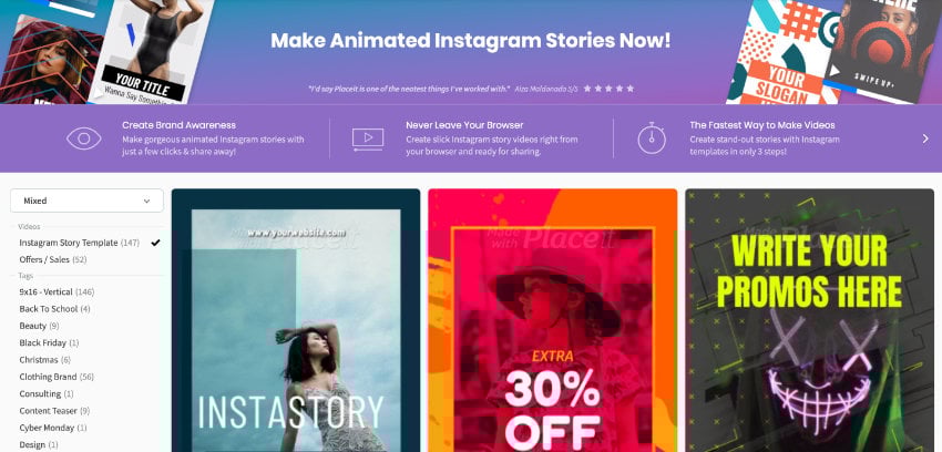 PlaceIt Instagram Stories Maker selection screen