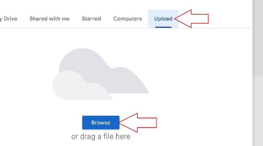 Image of a user clicking on the 'Upload' tab, followed by the 'Browse' buton.