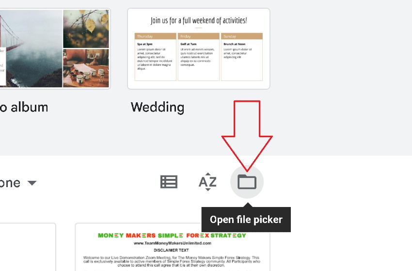 Image of user clicking on the button that looks like a Folder, which is called the "Open file picker" button.
