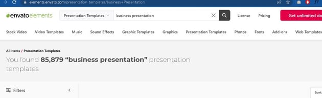 Image showing the search menu in use. User chooses 'Presentation Templaes' and searches for 'Business presentation' in the search field.