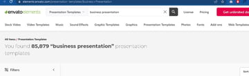 Image showing the search menu in use. User chooses 'Presentation Templaes' and searches for 'Business presentation' in the search field.