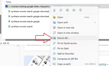 Image showing how to extract files from zipped archive by 'Right Clicking' the file and choosing 'Extract All..."