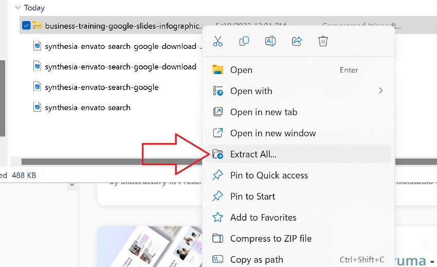 Image showing how to extract files from zipped archive by 'Right Clicking' the file and choosing 'Extract All..."