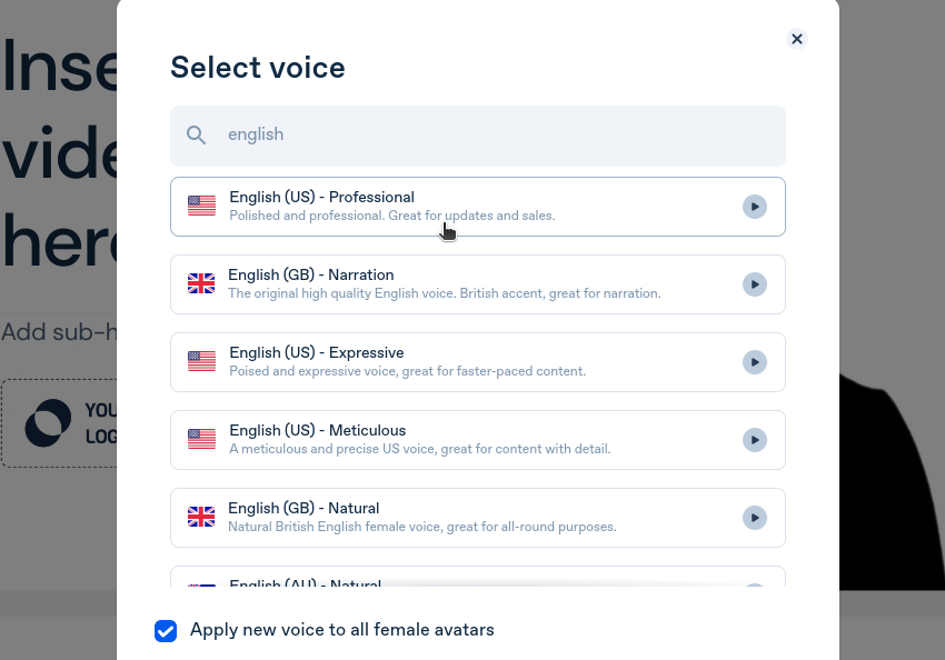 In the pop-up, choose the best "voice" for your project from the list.