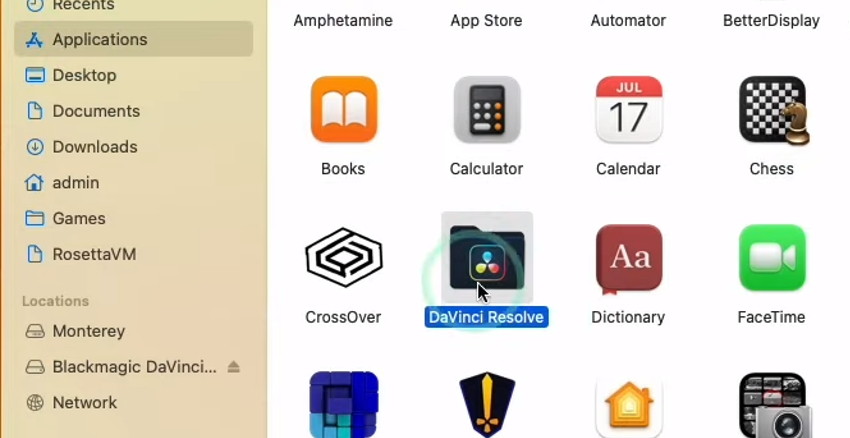User finding Davinci Resolve in Applications Folder.