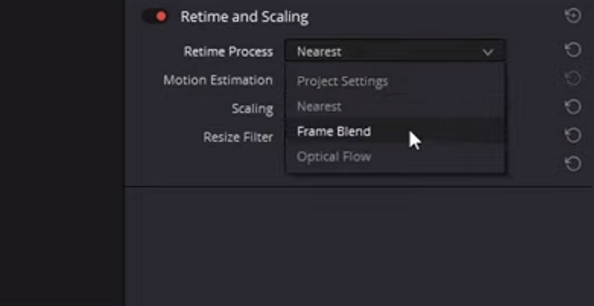 User adjusting Frame Blend for Speed Ramping DaVinci Resolve