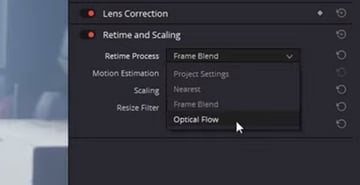 User interacting with optical flow menu for Slow Motion DaVinci Resolve tutorial.
