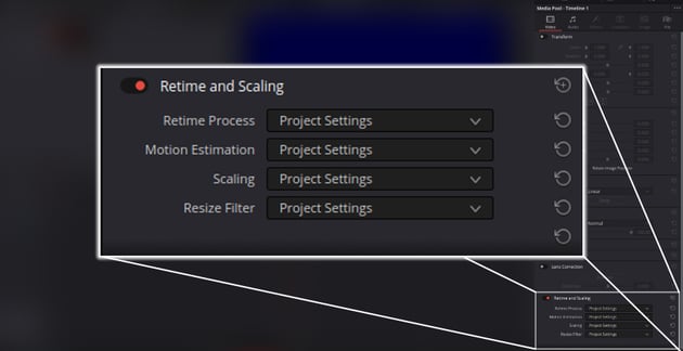 Closeup of Retime and Scaling Section of Video Menu for Davinci Resolve slow motion
