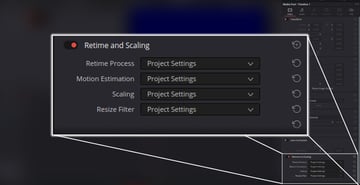 Closeup of Retime and Scaling Section of Video Menu for Davinci Resolve slow motion