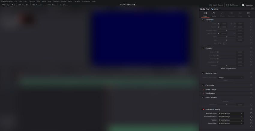 Showing the Video Menu on the right side of DAW for Davinci Resolve frame interpolation