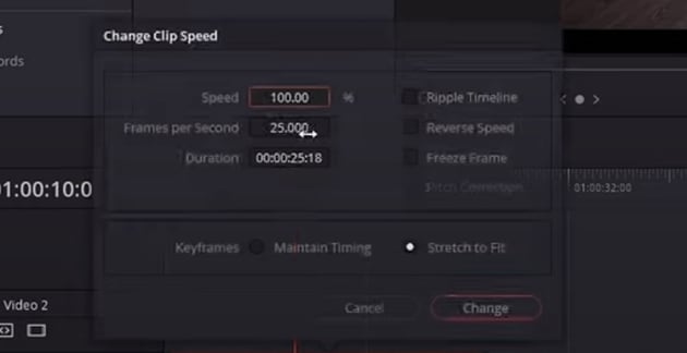 User selecting desire speed for Davinci Resolve to show how to slow down a clip
