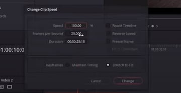 User selecting desire speed for Davinci Resolve to show how to slow down a clip