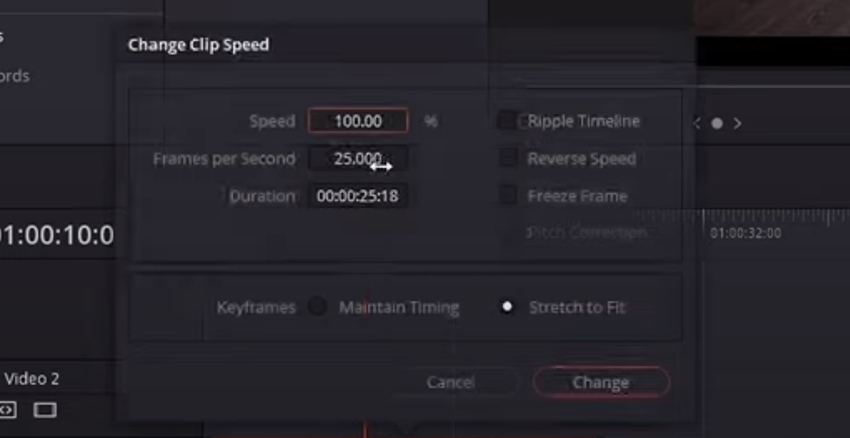 User selecting desire speed for Davinci Resolve to show how to slow down a clip