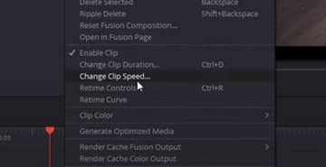 User clicking Change Clip Speed... in slow motion instructions for Davinci Resolve
