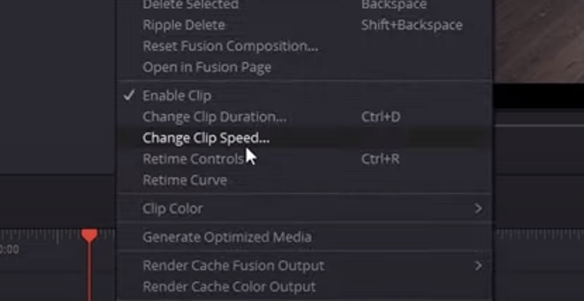 User clicking Change Clip Speed... in slow motion instructions for Davinci Resolve