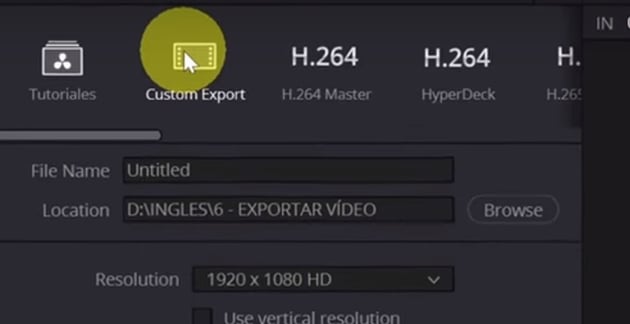 User clicking Custom Export Option for how to export from davinci resolve