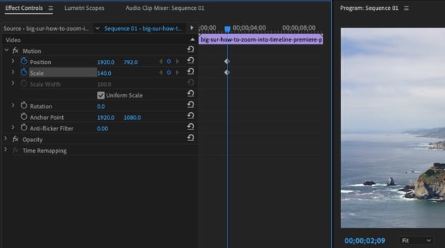 How to zoom in on a clip in Premiere