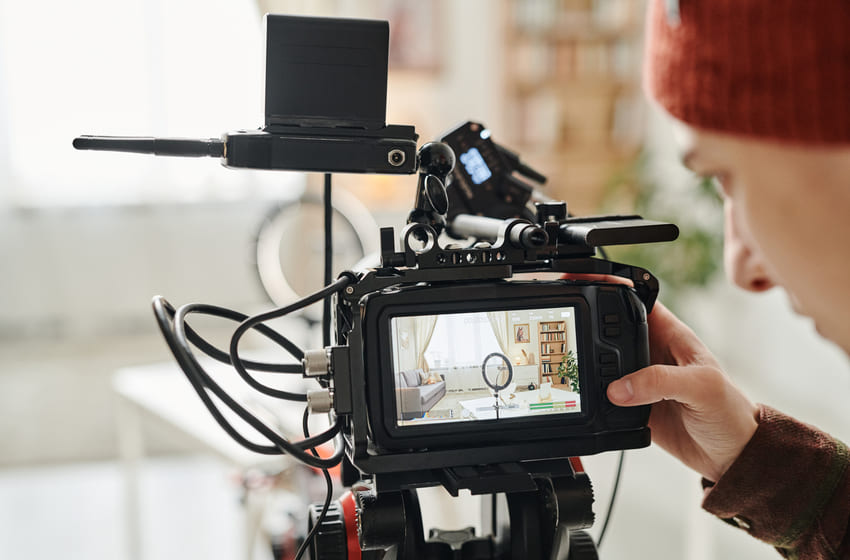 Screen of camera and hand of cameraman standing in spacious living room