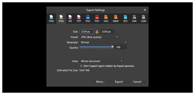 exporting files in affinity photo  