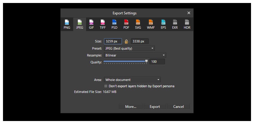 exporting files in affinity photo  