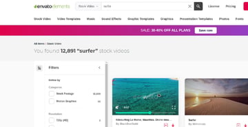 User choosing 'Kitesurfing Le Morne, Mauritius. Drone view...' option on Envato Elements website