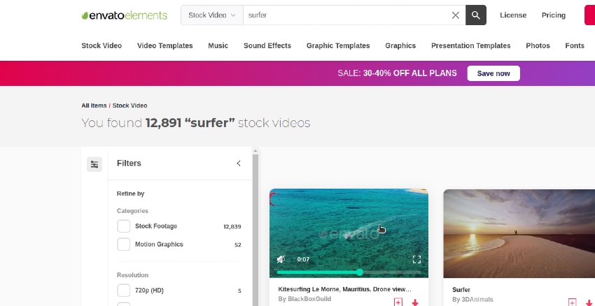 User choosing 'Kitesurfing Le Morne, Mauritius. Drone view...' option on Envato Elements website