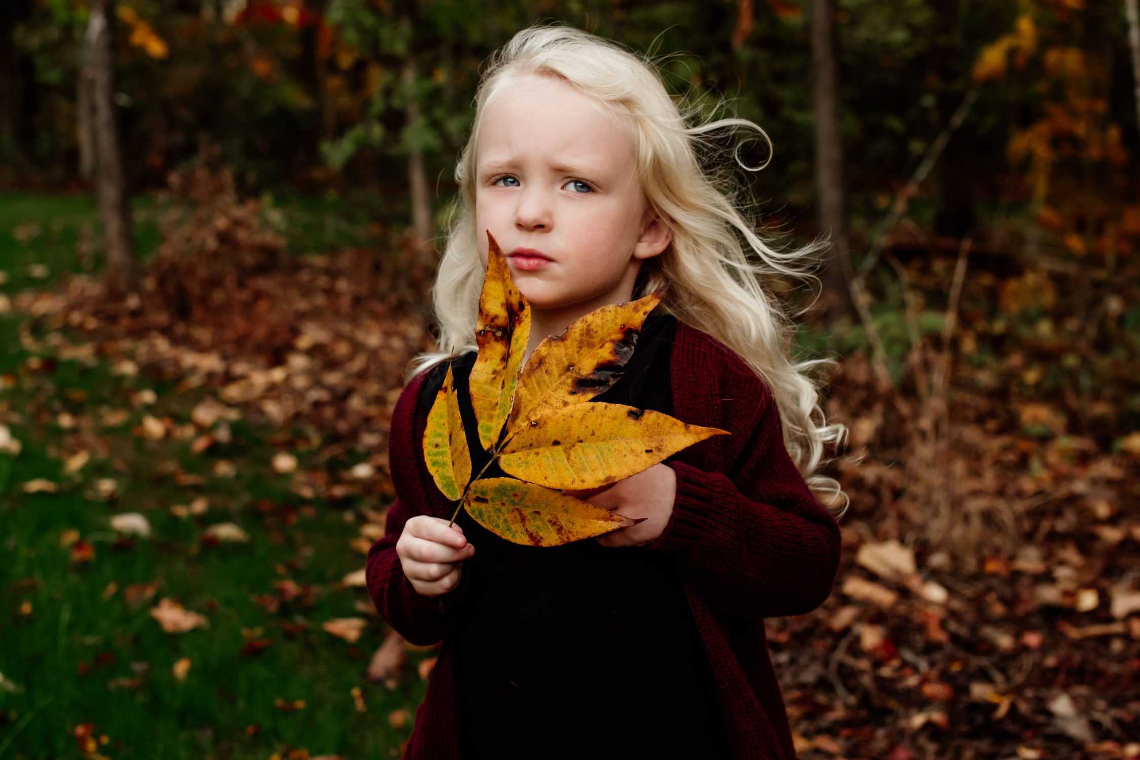 A little girl with blonde hair holding a large yellow leaf near her face