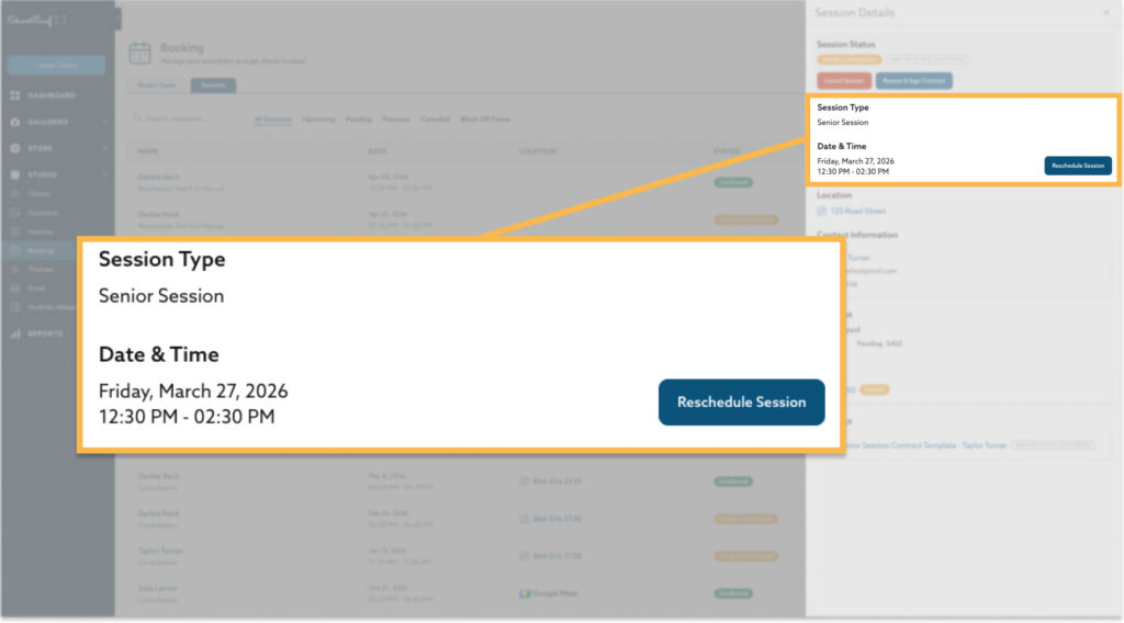 The image shows a screenshot of a booking interface, highlighting session details for a Senior Session scheduled for Friday, March 27, 2026, from 12:30 PM to 02:30 PM, with a Reschedule Session button. The interface appears to be part of a larger scheduling or management system.