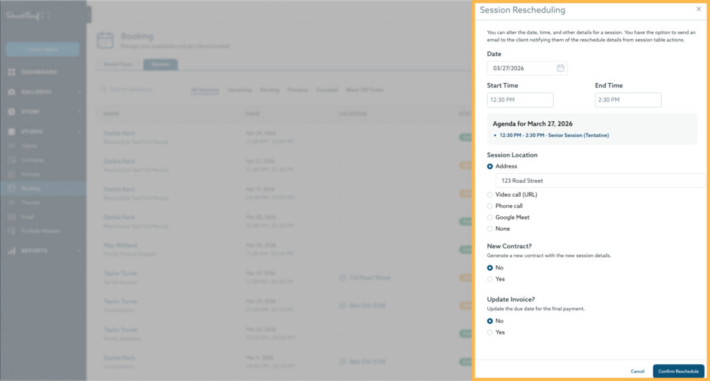 The image shows a Session Rescheduling pop-up window on a booking management interface. The window allows users to modify the date, time, location, and contract/invoice settings for a session.