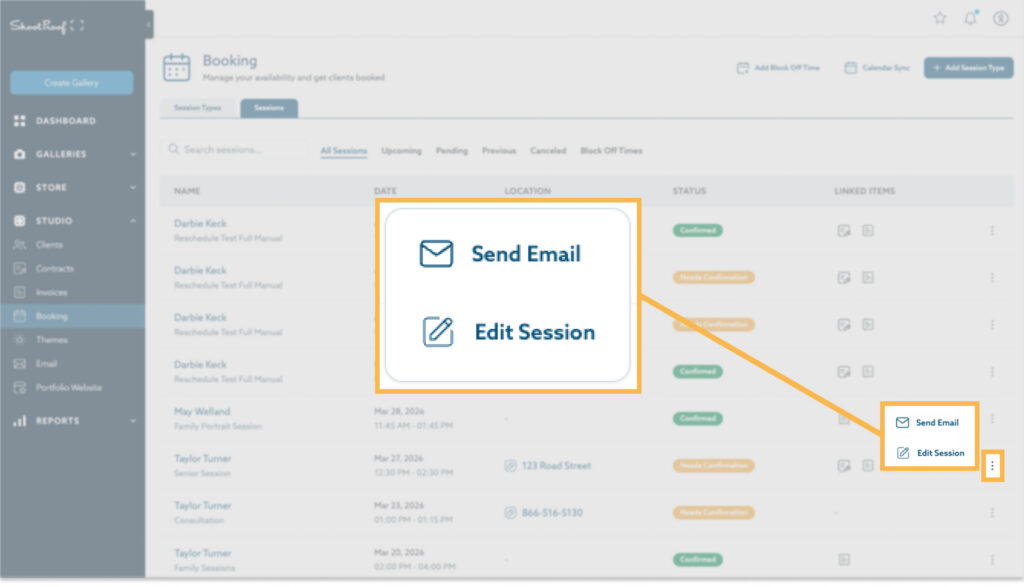 Screenshot of a booking management interface, showing a list of sessions with options to "Send Email" or Edit Session for each entry. The interface is clean and organized, with a focus on managing client bookings and communication.
